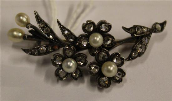 Diamond and pearl floral spray brooch, gold setting